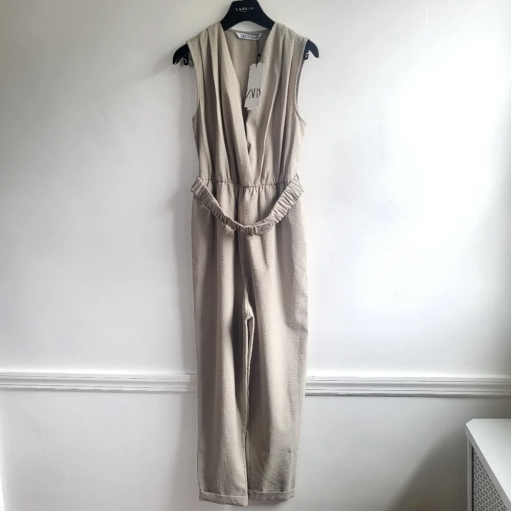 New Zara Textured Linen Blend V-Neck Sleeveless Belted Tan Jumpsuit NWT Small